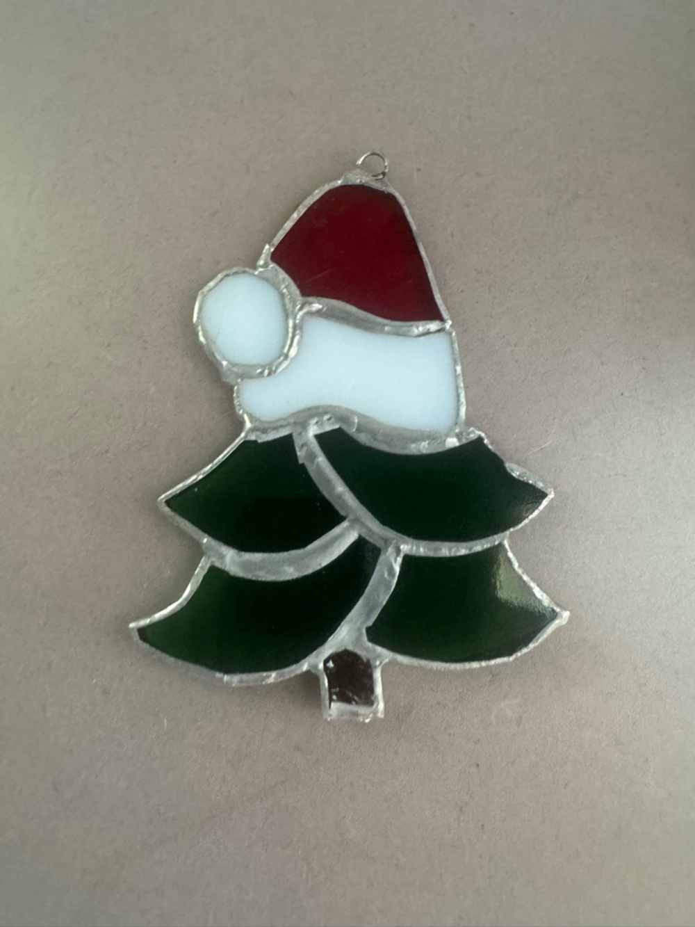 Stained Glass Christmas Tree Ornament with Santa Hat - Green, Red, White
